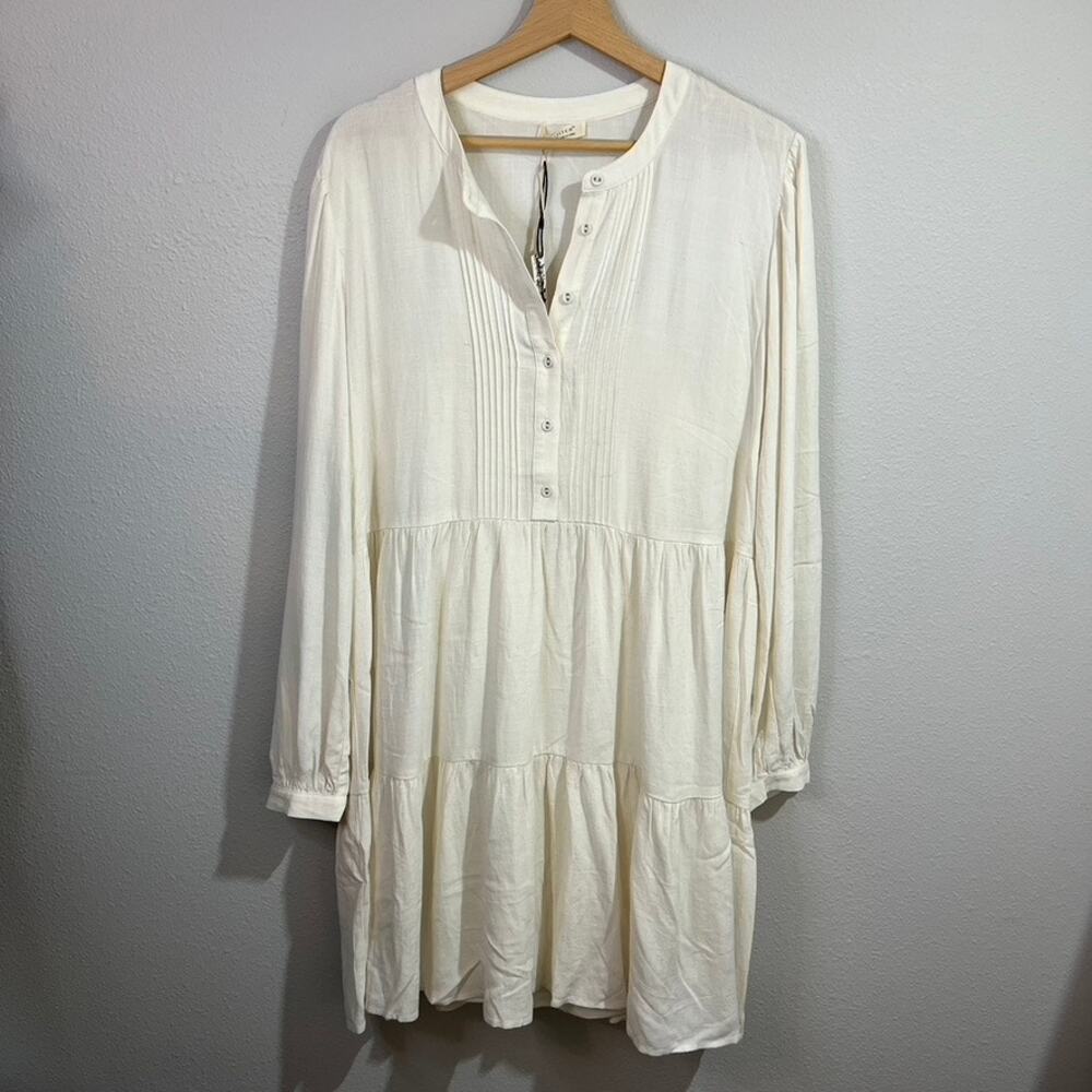 Tiered Dress CottageCore Boho Button Linen Blend Long Sleeve Size‎ M Oversized